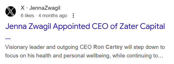 jenna zwagil becomes ceo zater capital