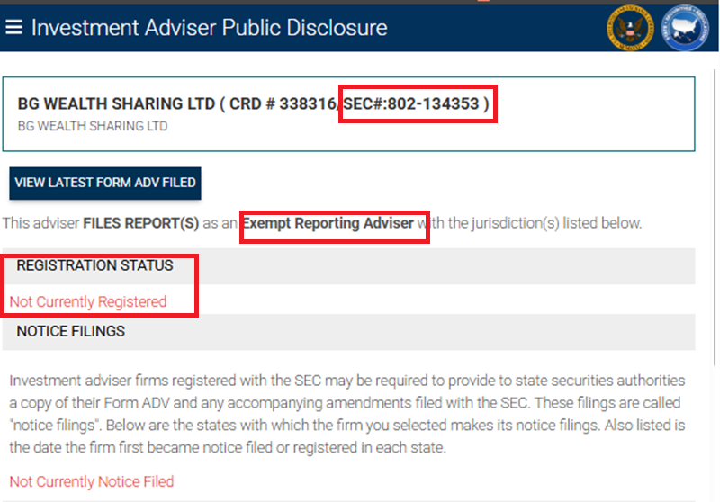 bg wealth sharing us sec registration certificate