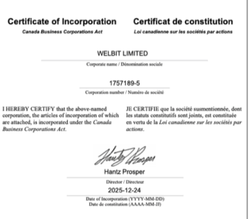 welbit limited incorporation