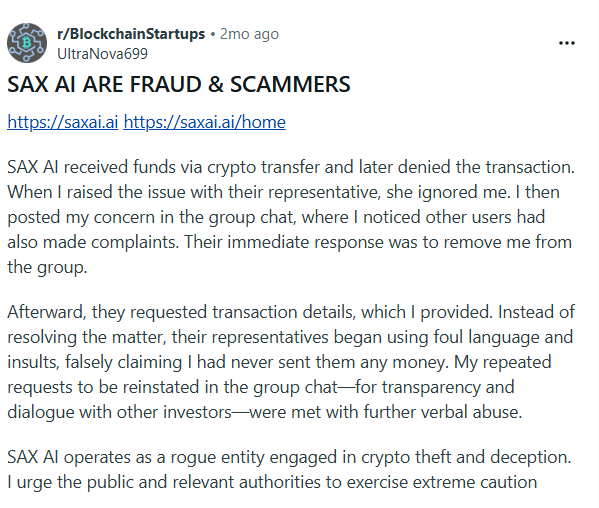 sax ai scam reported
